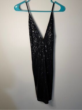 Bozzolo spagetti strap v neck black lined sequin mini short dress womens  size M
